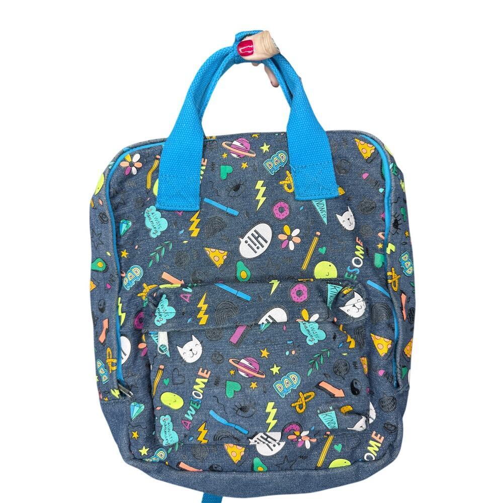 Cat & Jack blue washed denim backpack allover doodle colorful cats planets | GUC